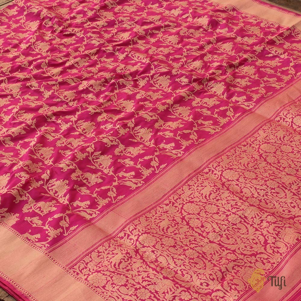 Red-Rani Pink Pure Katan Silk Banarasi Shikaargah Handloom Saree