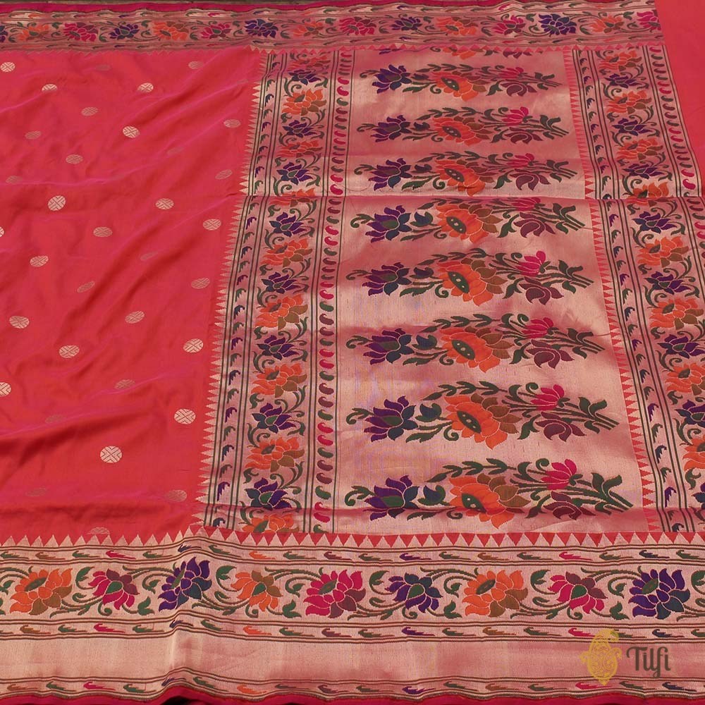 Rani Pink-Orange Pure Katan Silk Banarasi Paithani Handloom Saree
