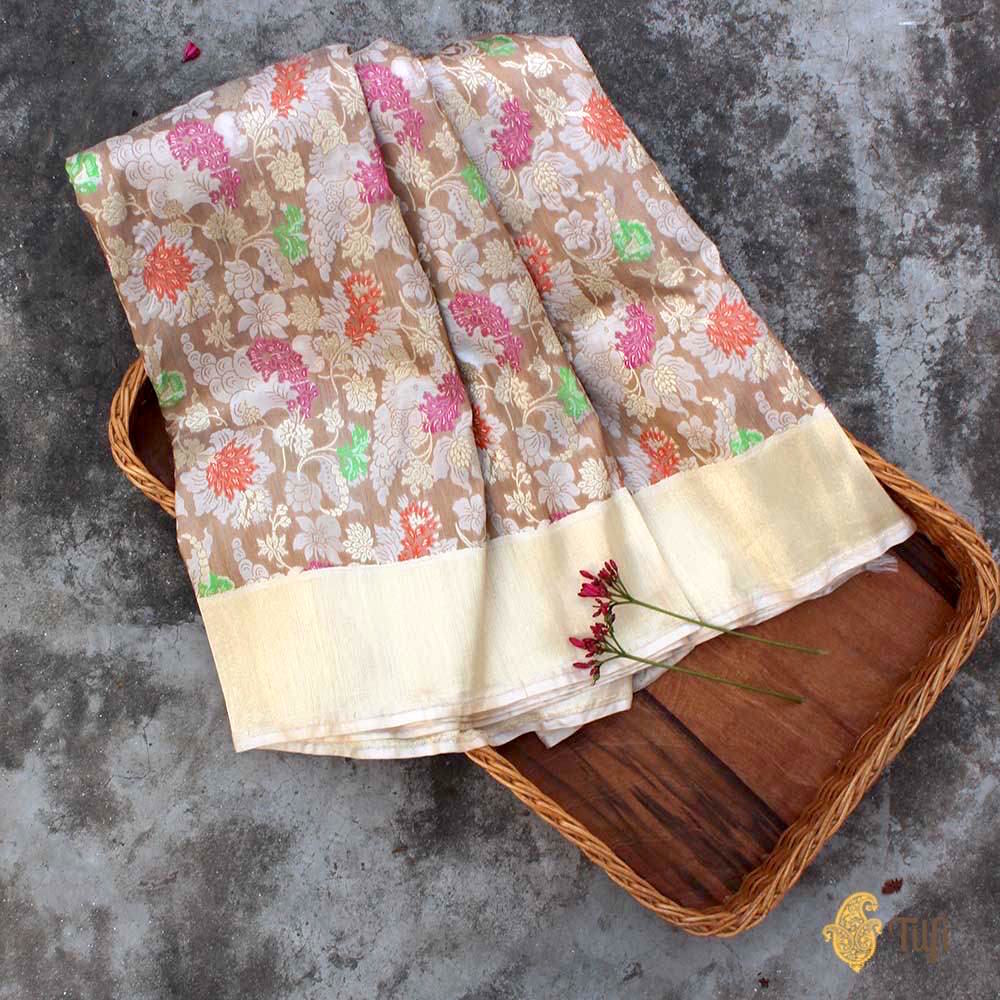 Off-White-Brown Pure Katan Silk Banarasi Handloom Saree