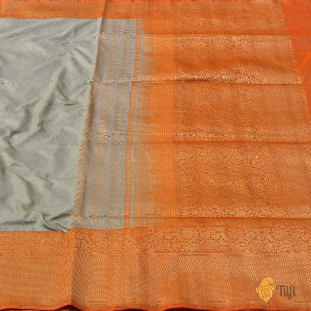 Grey-Orange Pure Katan Silk Banarasi Handloom Saree