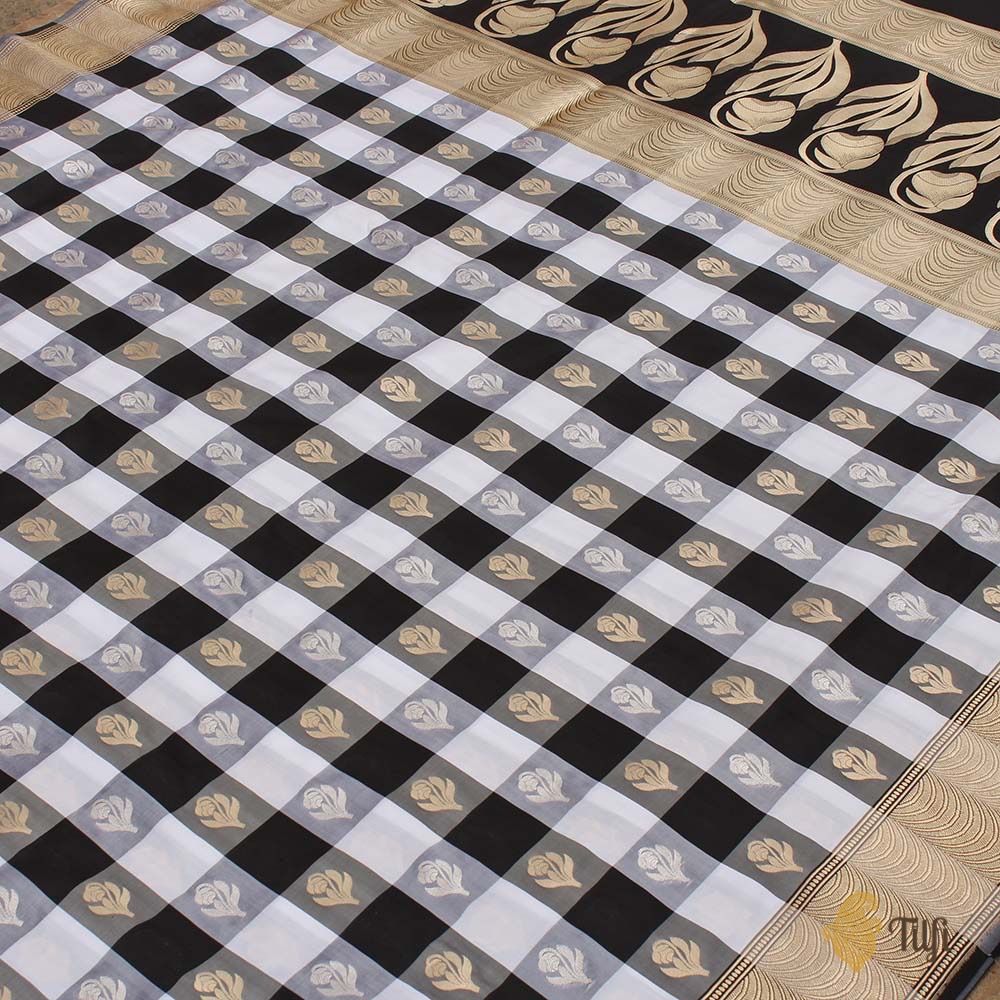 Black-White Checkered Pure Katan Silk Handloom Banarasi Saree