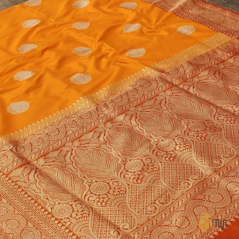 Yellow-Orange Pure Katan Silk Handloom Banarasi Saree