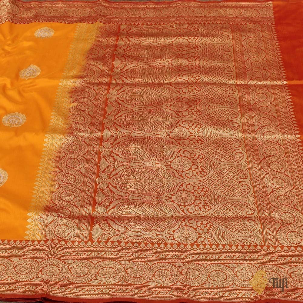 Yellow-Orange Pure Katan Silk Handloom Banarasi Saree