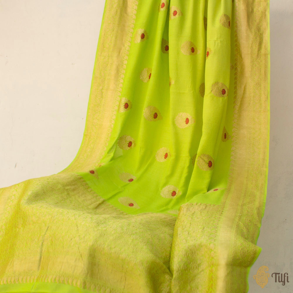 Lime Green Pure Monga Silk Banarasi Handloom Saree