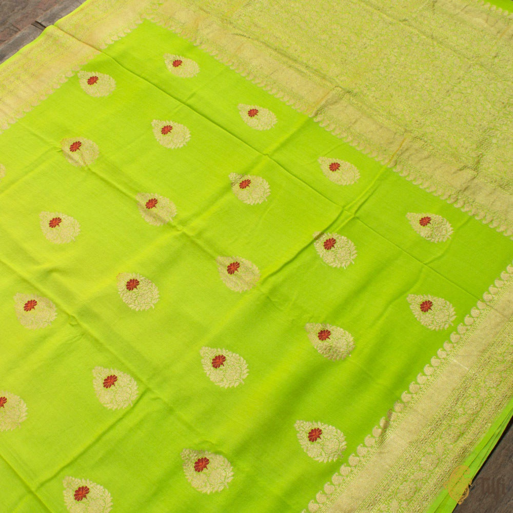 Lime Green Pure Monga Silk Banarasi Handloom Saree