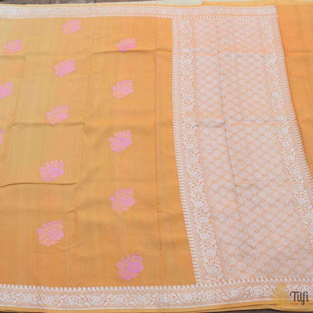 Light Orange Pure Tussar Georgette Silk Banarasi Handloom Saree