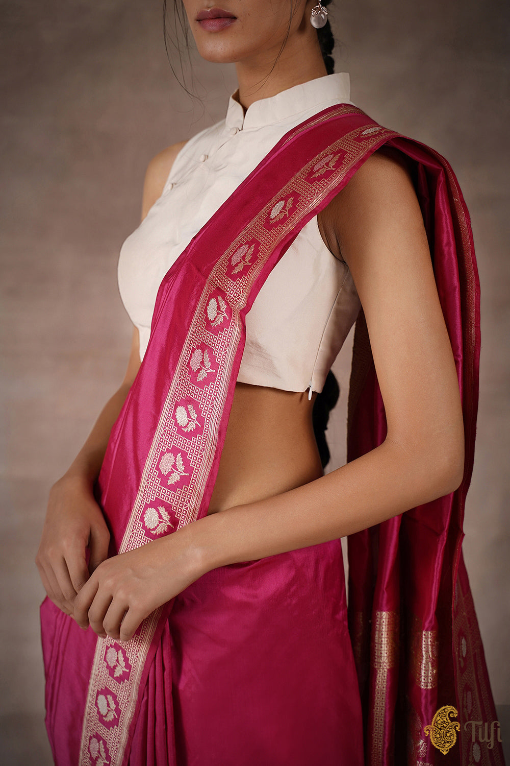 &#39;Immortal Blossoms&#39; Beetroot Pink Pure Katan Silk Banarasi Handloom Saree