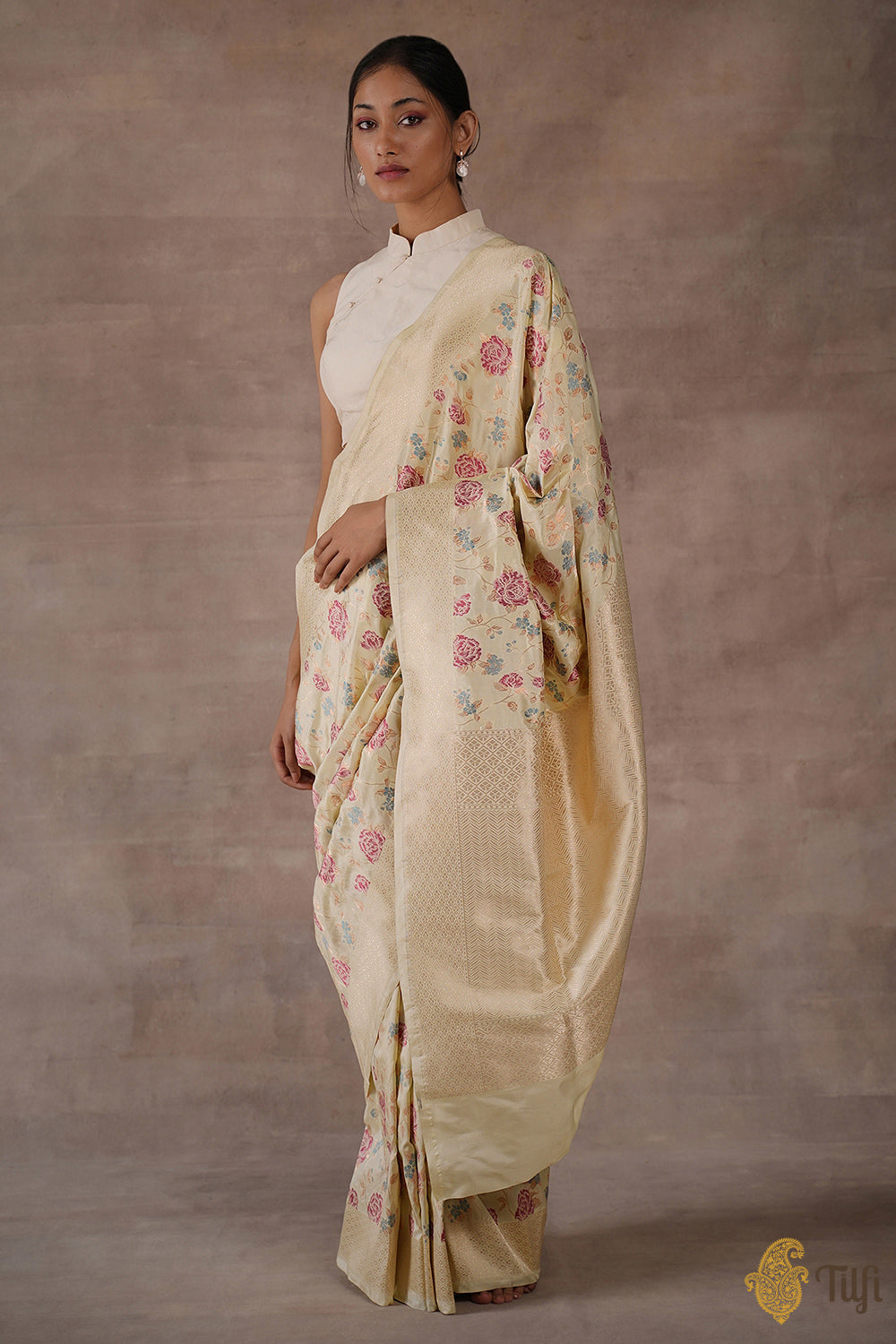 &#39;The China Rose&#39; Cream Pure Katan Silk Banarasi Handloom Saree