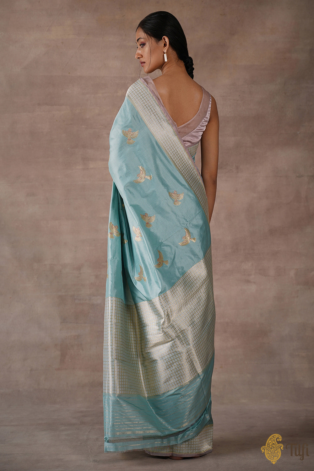 &#39;Sunday Sparrows&#39; Blue Pure Katan Silk Banarasi Handloom Saree
