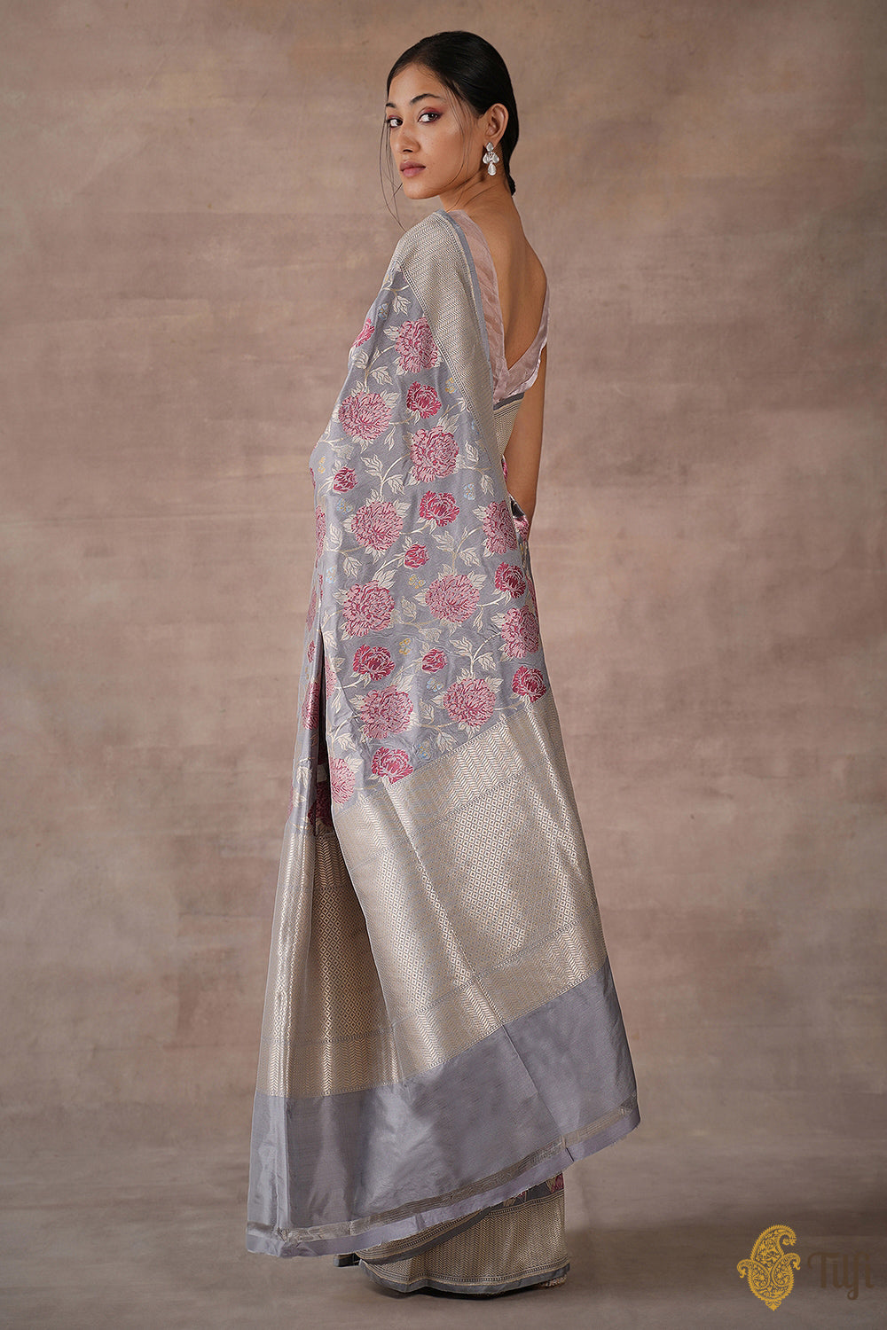 &#39;Peony &amp; Butterfly&#39; Grey Pure Katan Silk Banarasi Handloom Saree
