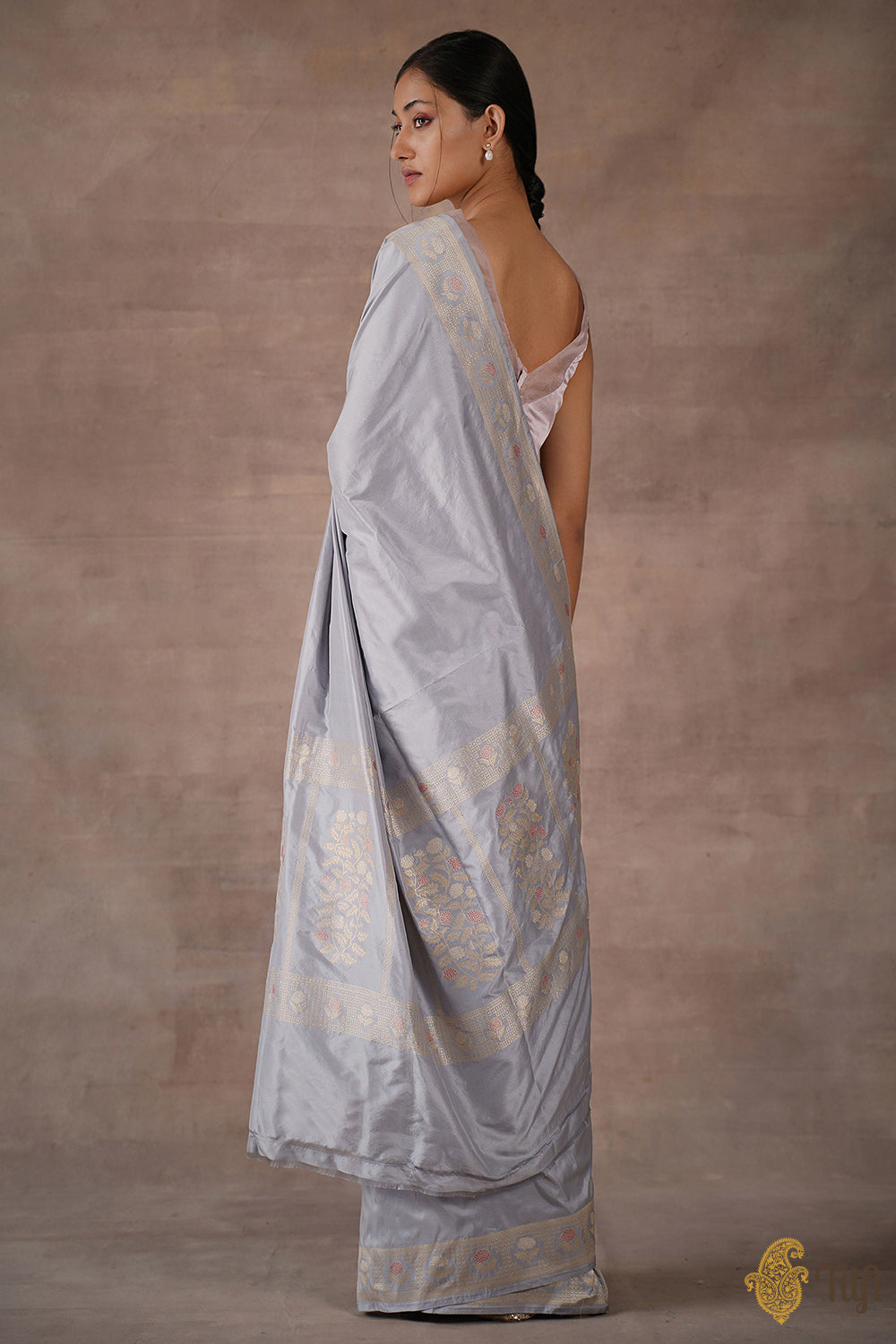 &#39;Immortal Blossoms&#39; Grey Pure Katan Silk Banarasi Handloom Saree