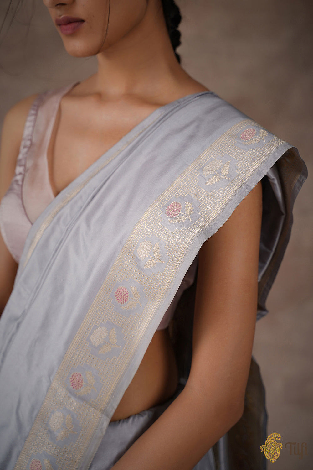 &#39;Immortal Blossoms&#39; Grey Pure Katan Silk Banarasi Handloom Saree