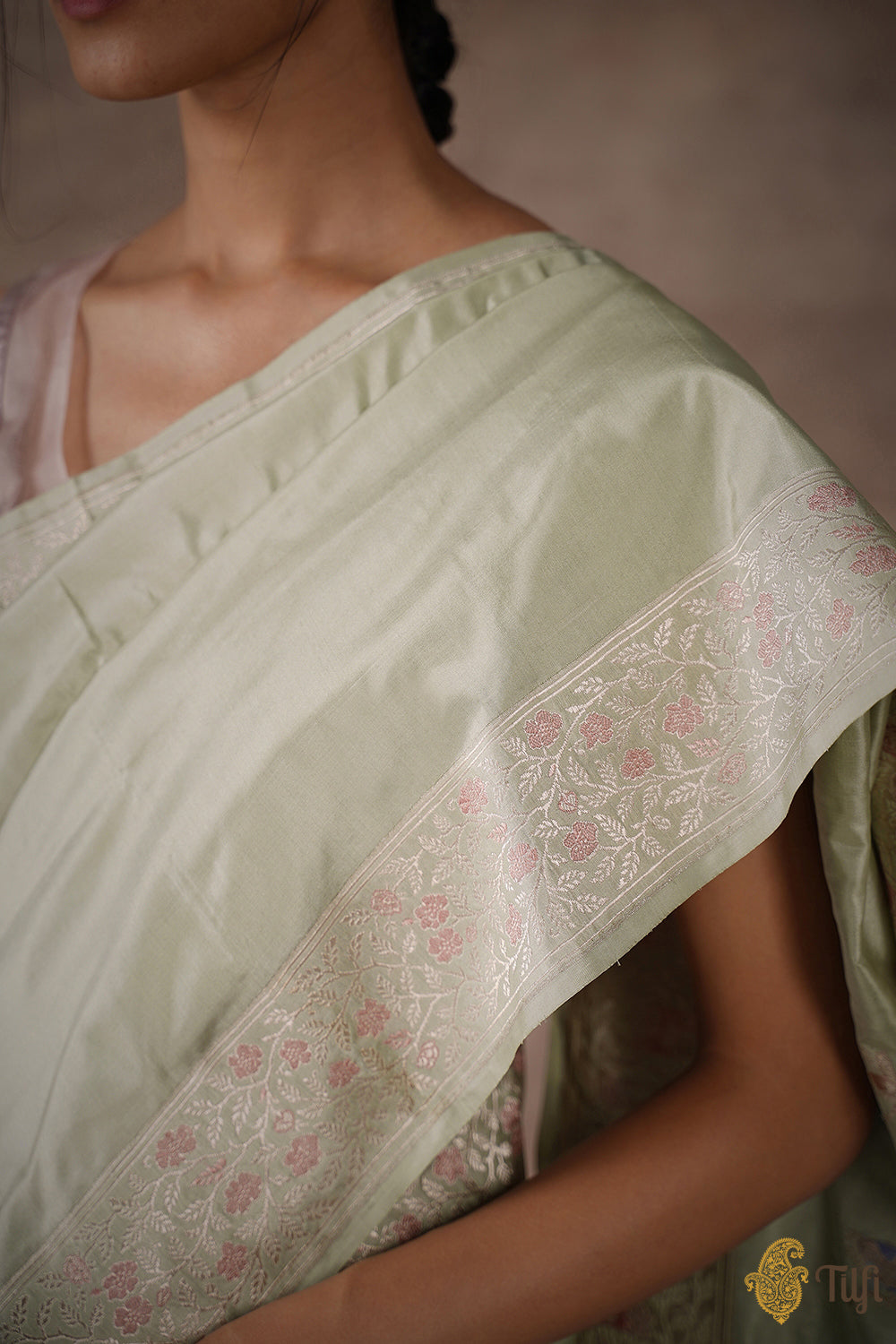 &#39;Sweet Osmanthus&#39; Mint Green Pure Katan Silk Banarasi Handloom Saree