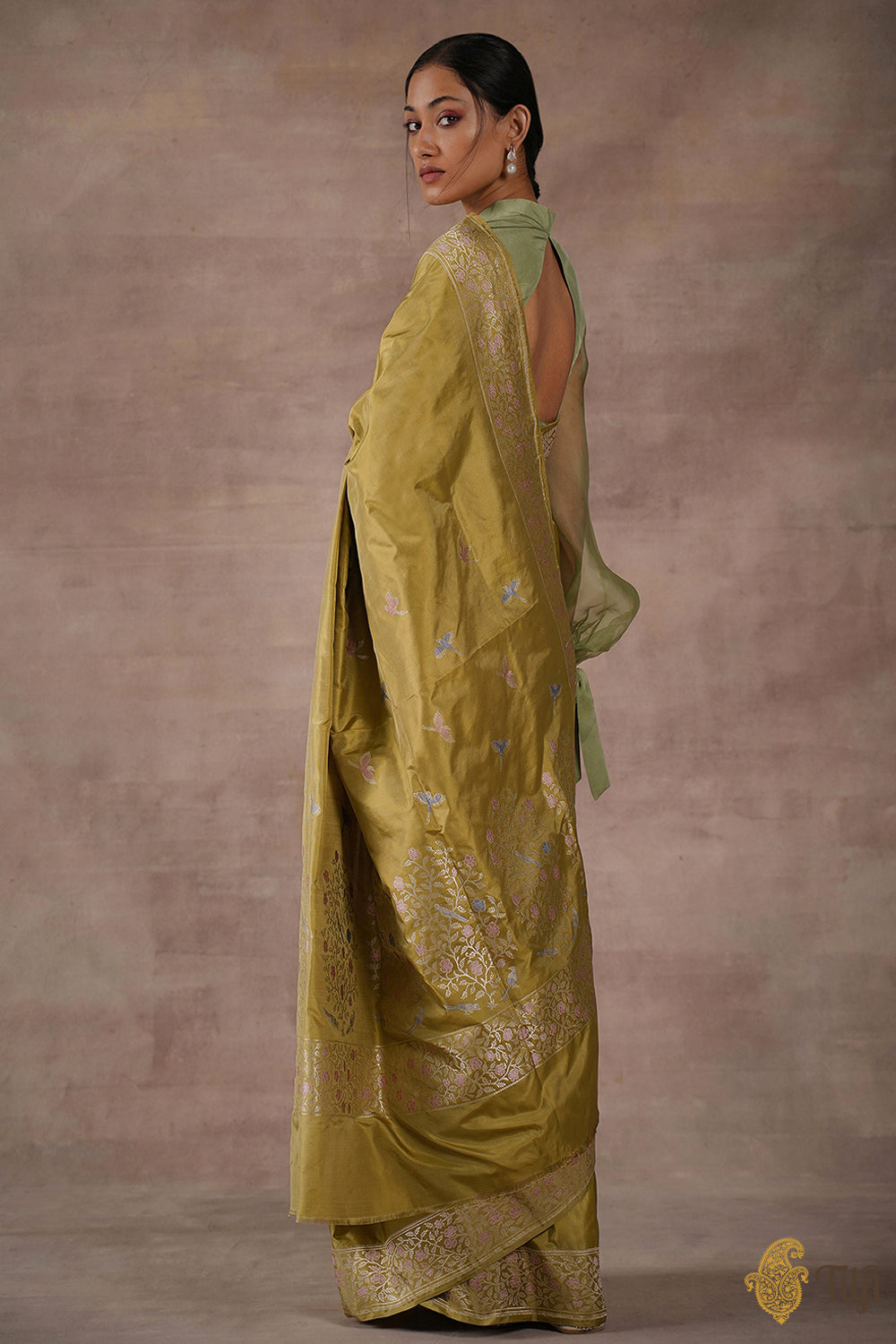 &#39;Sweet Osmanthus&#39; Green Pure Katan Silk Banarasi Handloom Saree