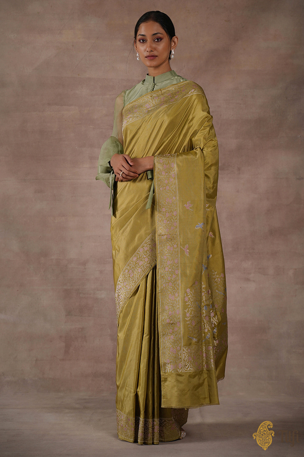 &#39;Sweet Osmanthus&#39; Green Pure Katan Silk Banarasi Handloom Saree