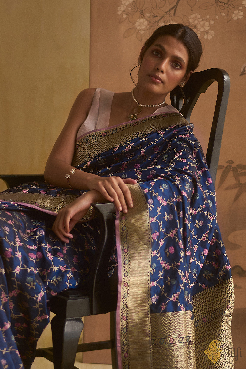 &#39;One Hundred Flowers&#39; Navy Blue Pure Katan Silk Real Zari Banarasi Handloom Saree