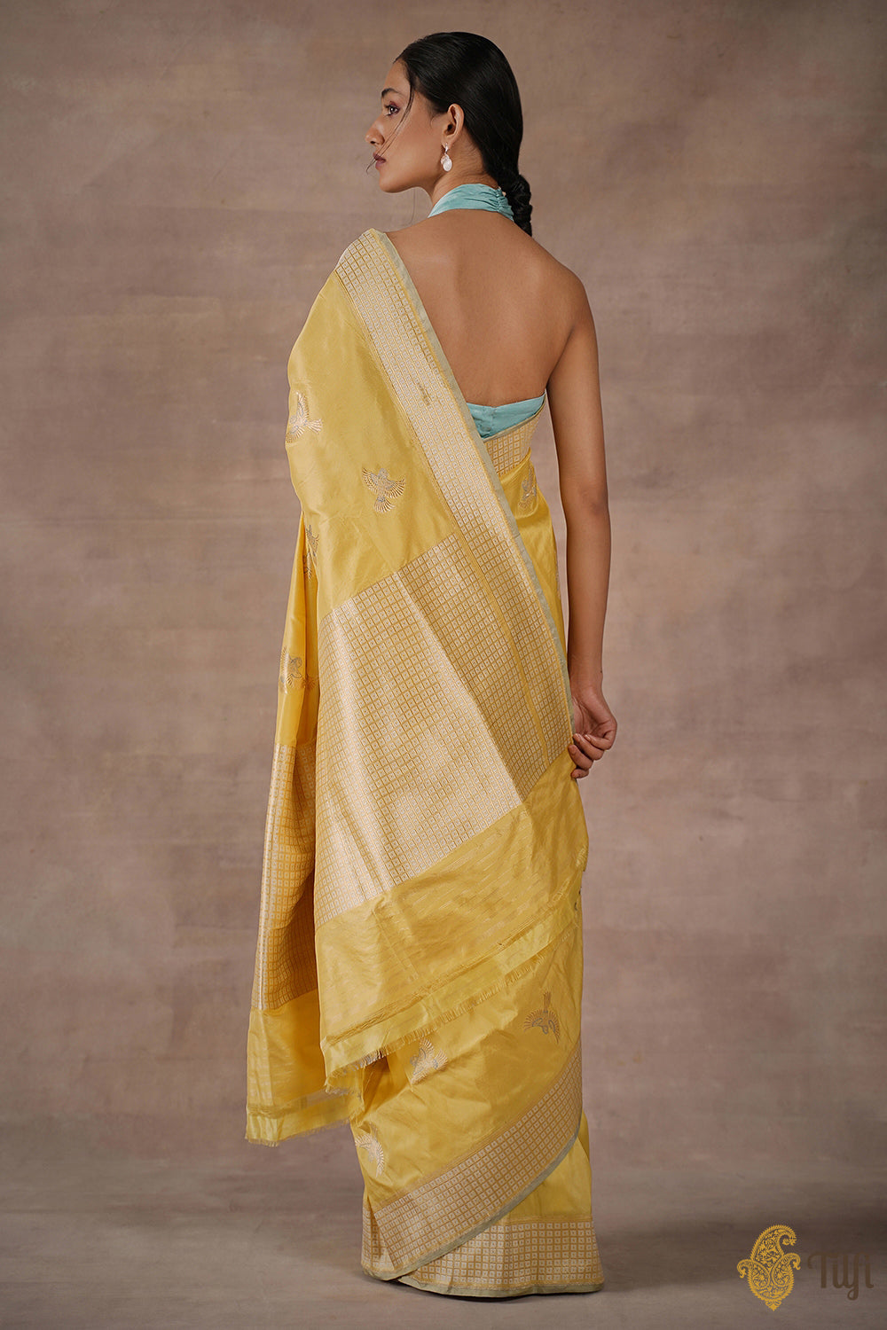 &#39;Sunday Sparrows&#39; Yellow Pure Katan Silk Banarasi Handloom Saree
