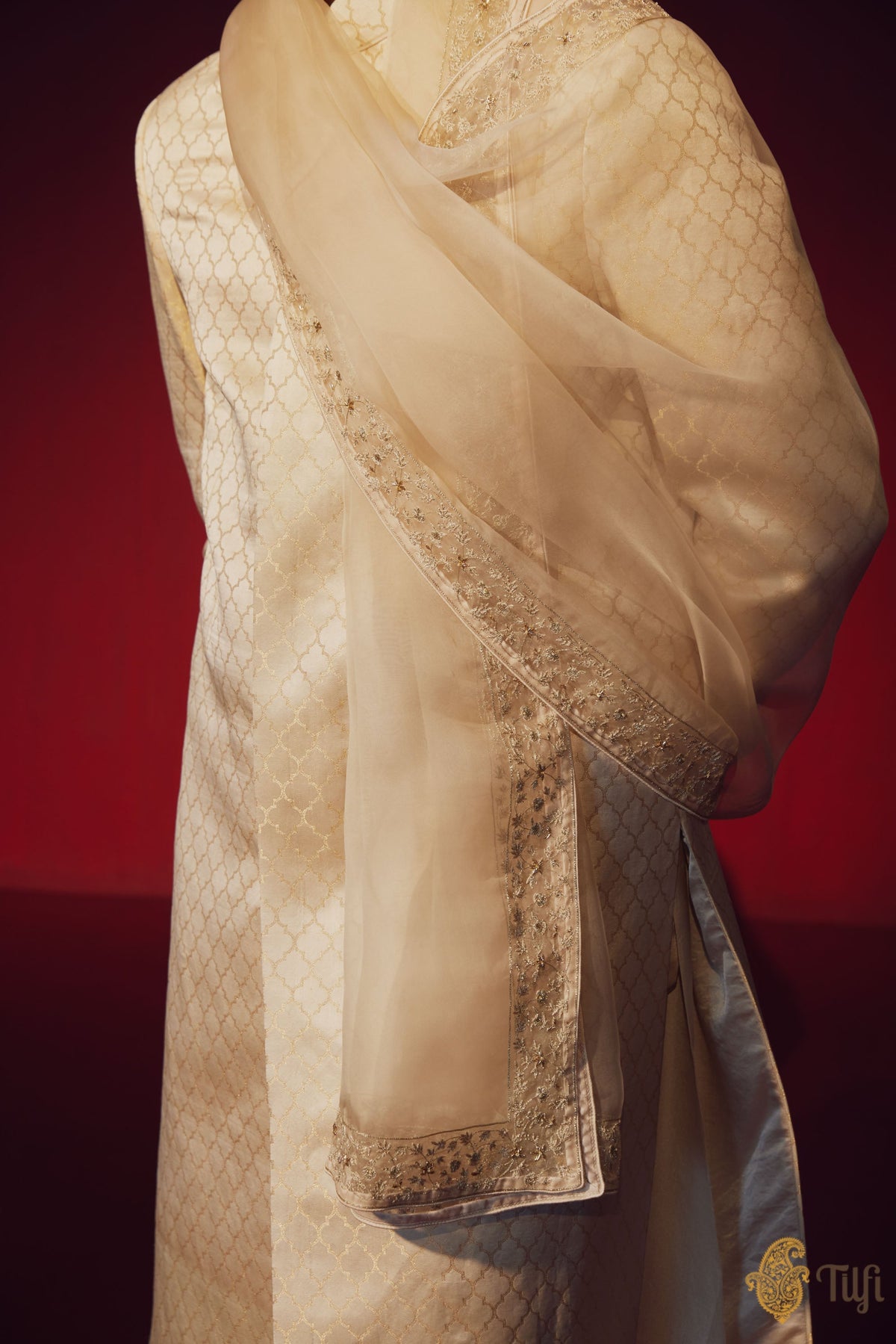 Off-White Pure Satin Silk Sherwani with Off-white Kurta Suit Set and Hand-embroidered Dupatta