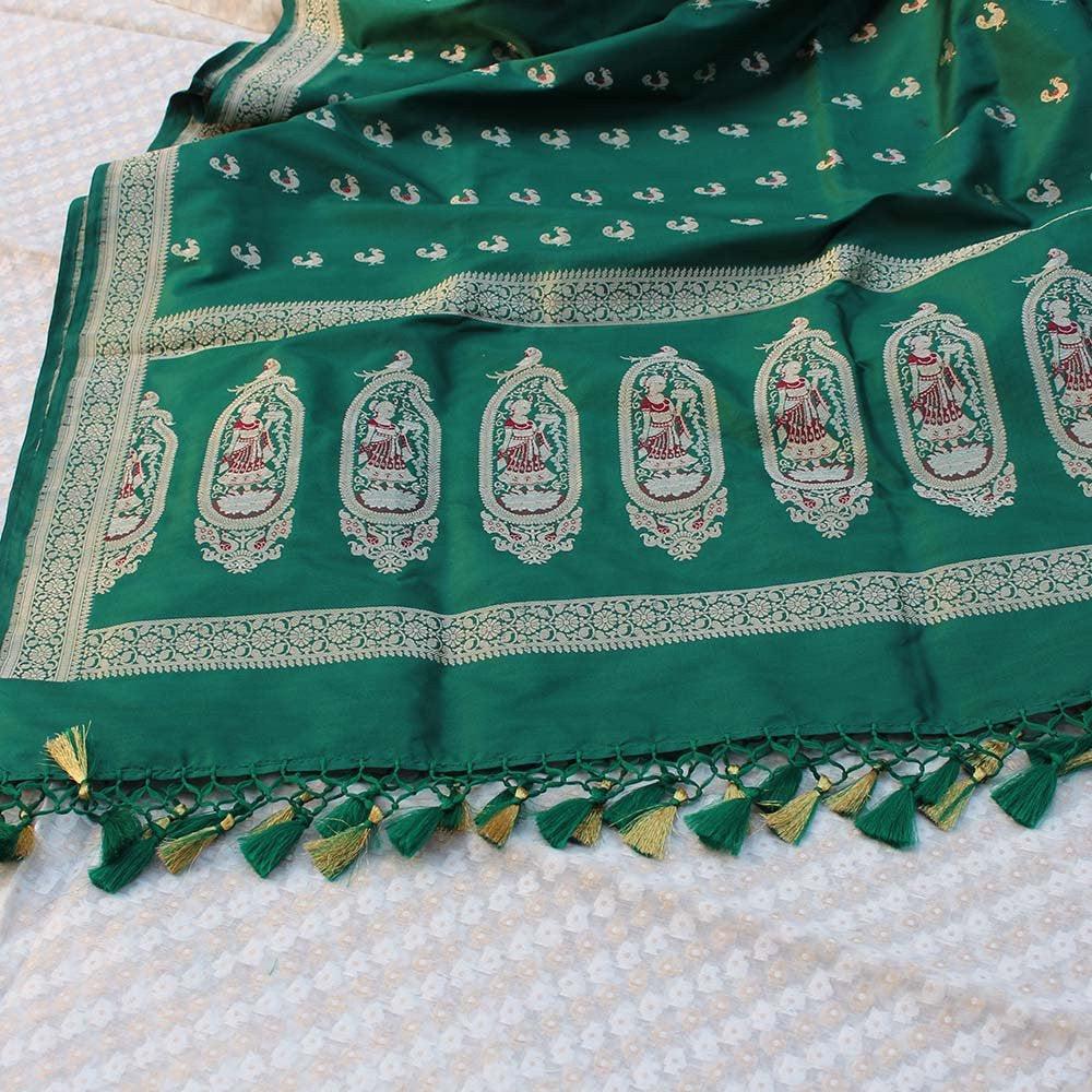 Rama Green Pure Katan Silk Dupatta &amp; White Pure Silk by Cotton Fabric