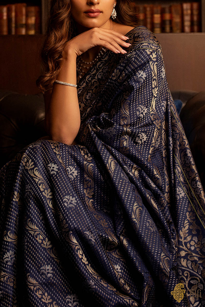 &#39;Yamini&#39; Navy Blue Pure Katan Silk Ektara Real Zari Banarasi Handloom Saree