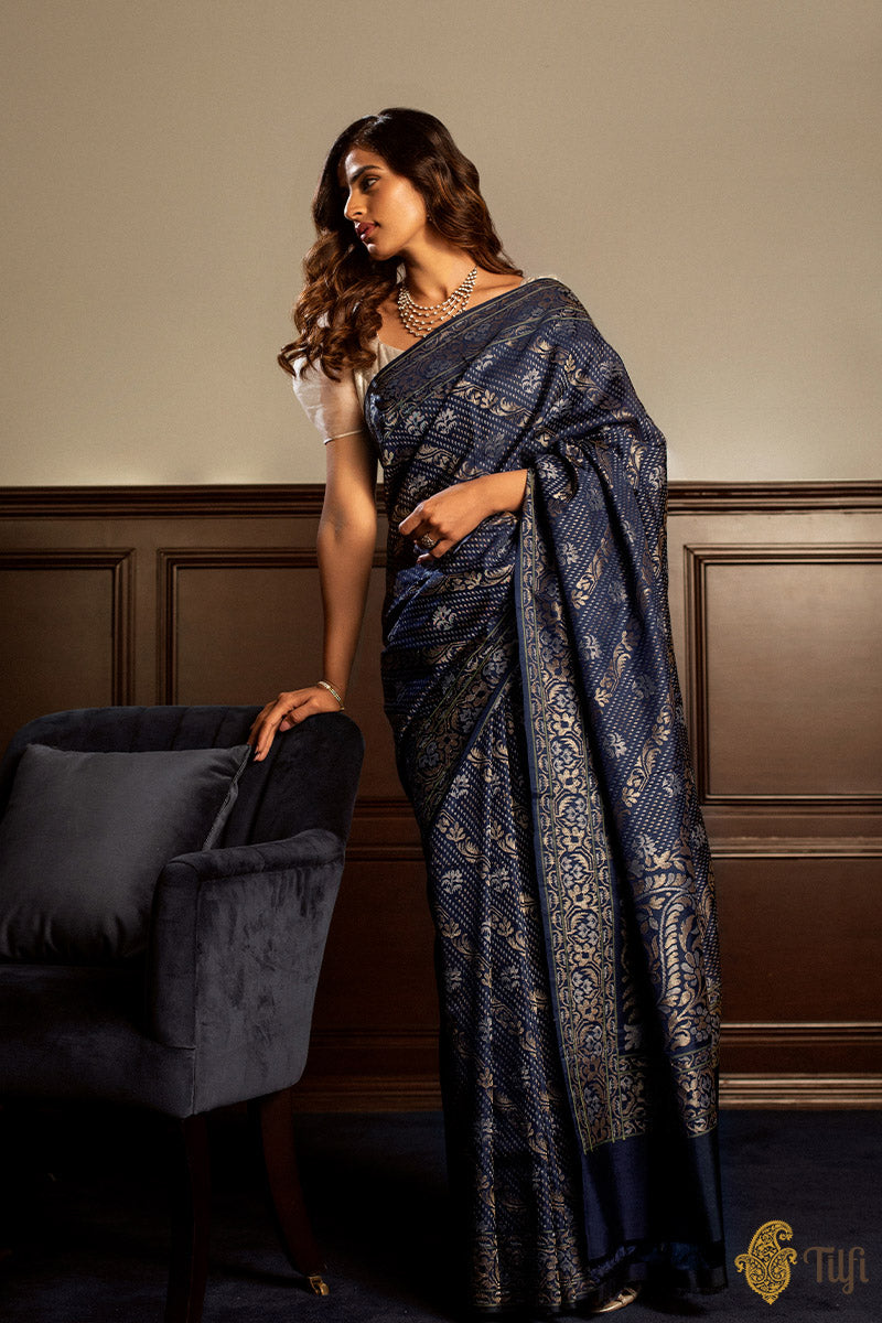 &#39;Yamini&#39; Navy Blue Pure Katan Silk Ektara Real Zari Banarasi Handloom Saree