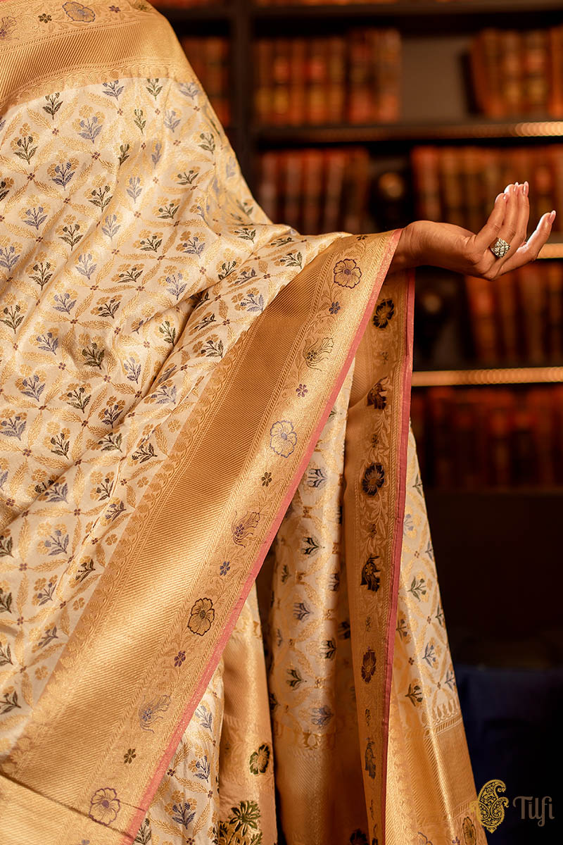 &#39;Nandini&#39; Off-White Pure Katan Silk Tissue Jangla Real Zari Banarasi Handloom Saree