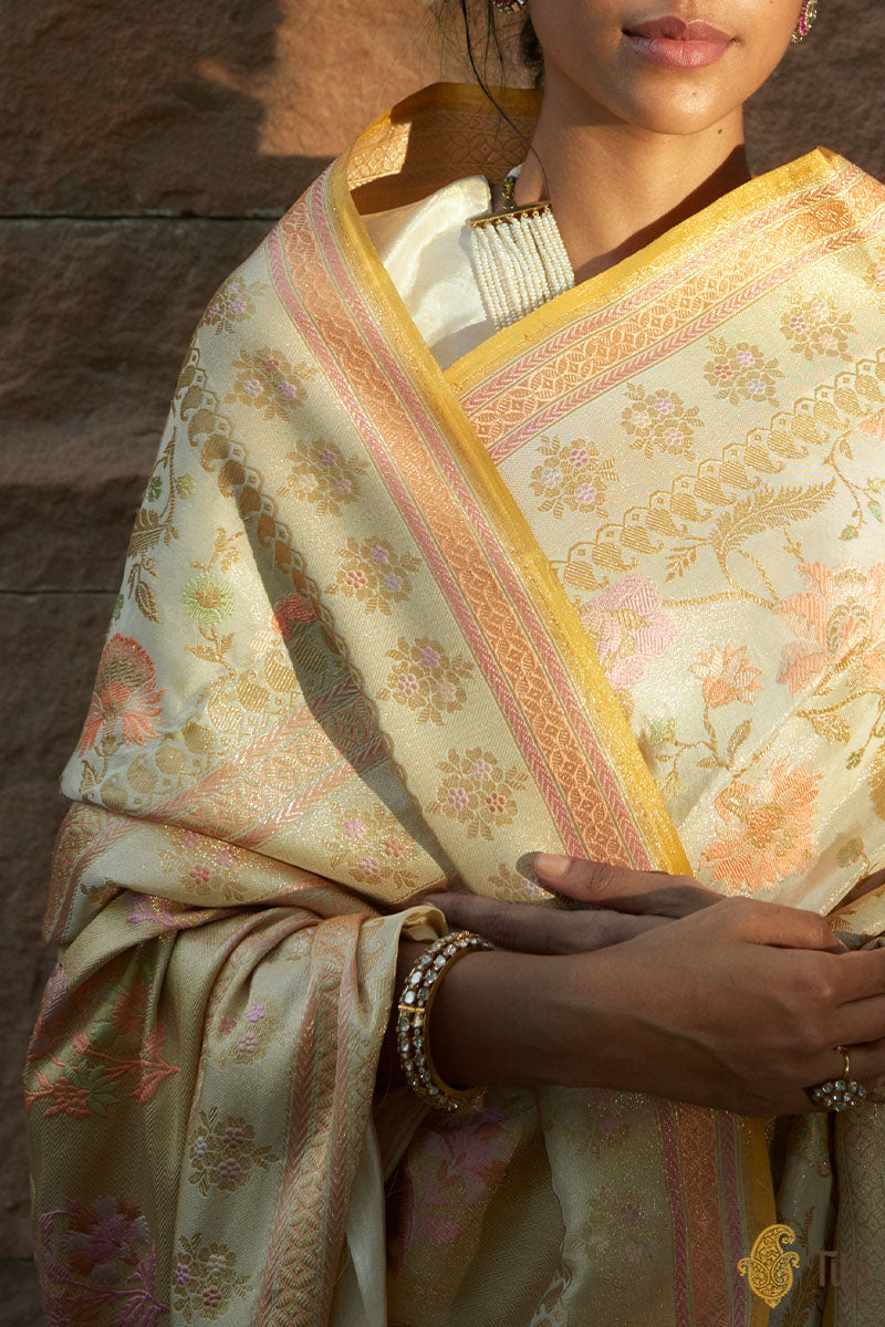&#39;Gitanjali&#39; Light Gold Pure Katan Silk Tissue Jangla Real Zari Banarasi Handloom Saree
