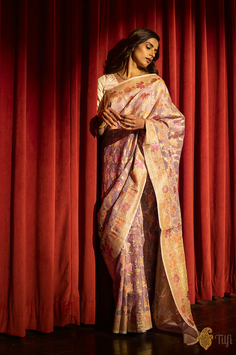 &#39;Vandana&#39; Light Mauve Pink Pure Kora Silk Real Zari Banarasi Handloom Saree