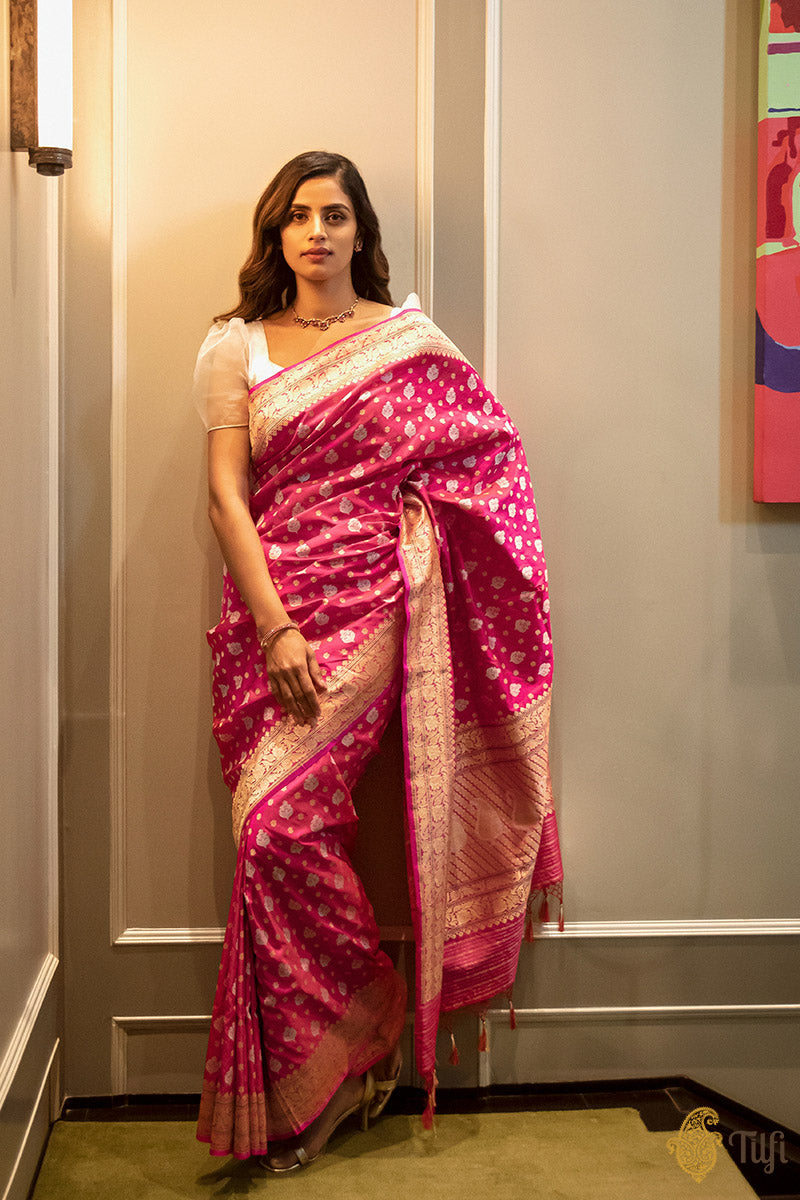 &#39;Enakshi&#39; Red-Rani Pink Pure Katan Silk Real Zari Banarasi Handloom Saree