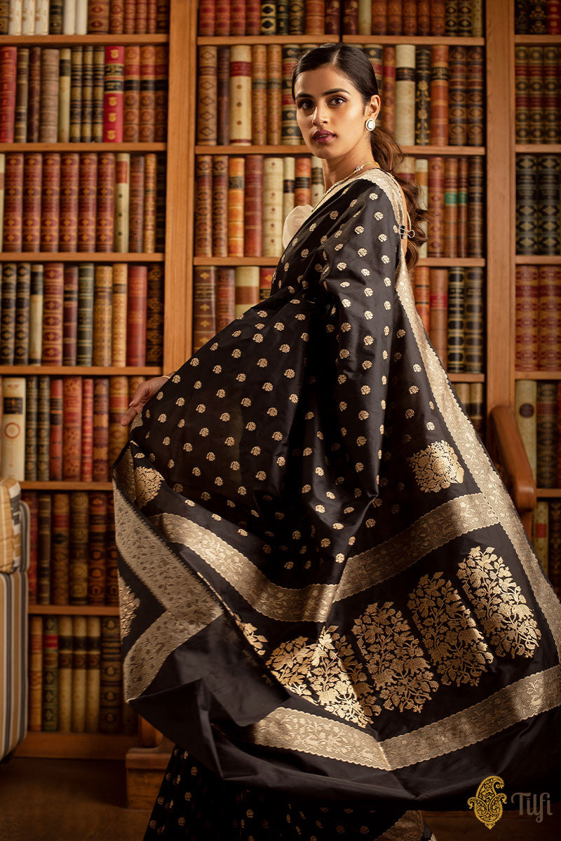 &#39;Janaki&#39; Black Pure Katan Silk Real Zari Banarasi Handloom Saree