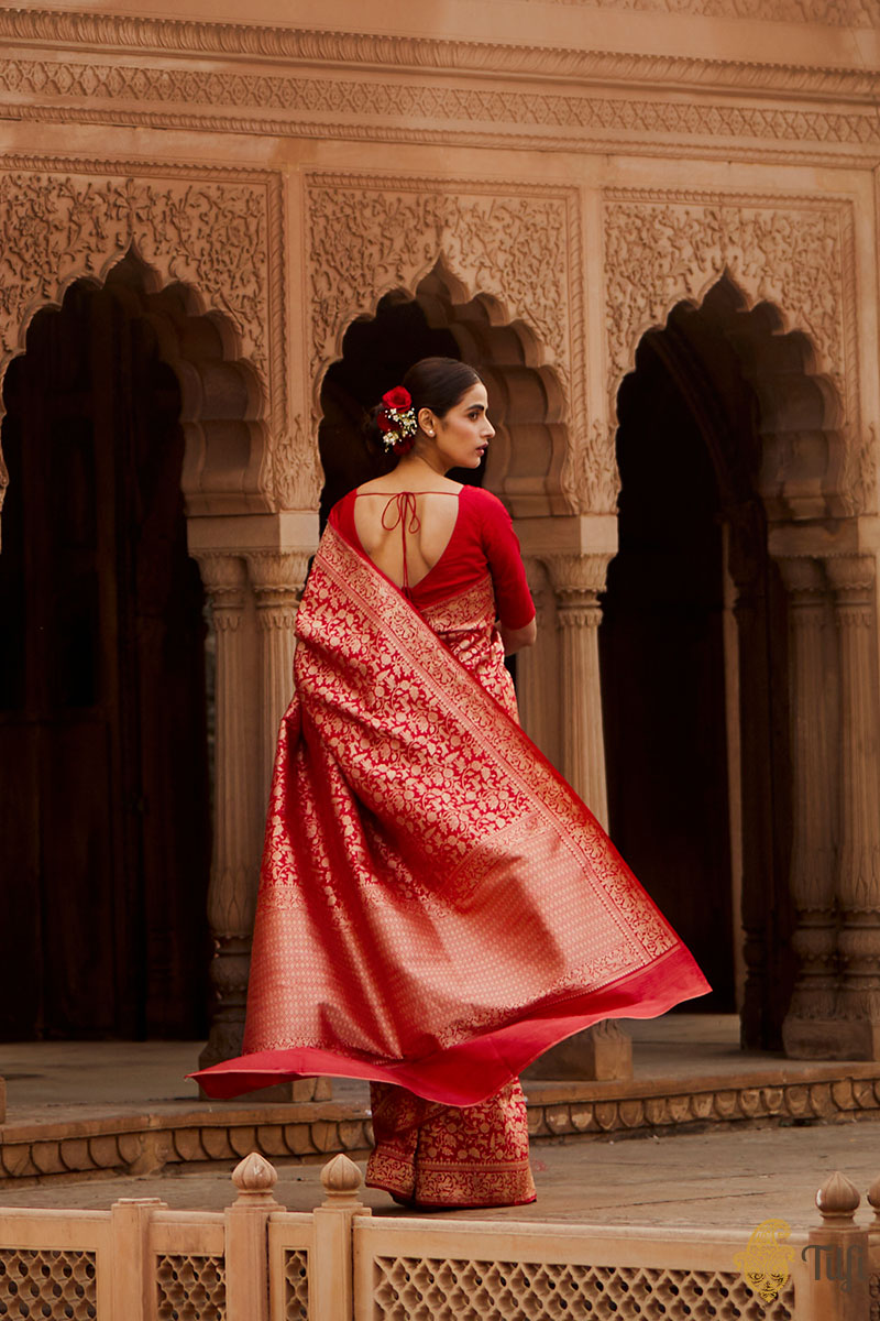 Pre-Order: &#39;Roohi&#39; Red Pure Katan Silk Banarasi Handloom Saree
