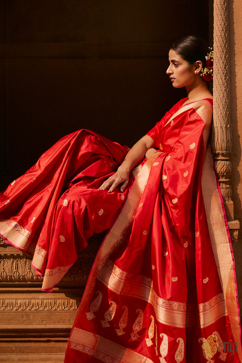 &#39;Rukmini&#39; Red Pure Katan Silk Banarasi Handloom Saree