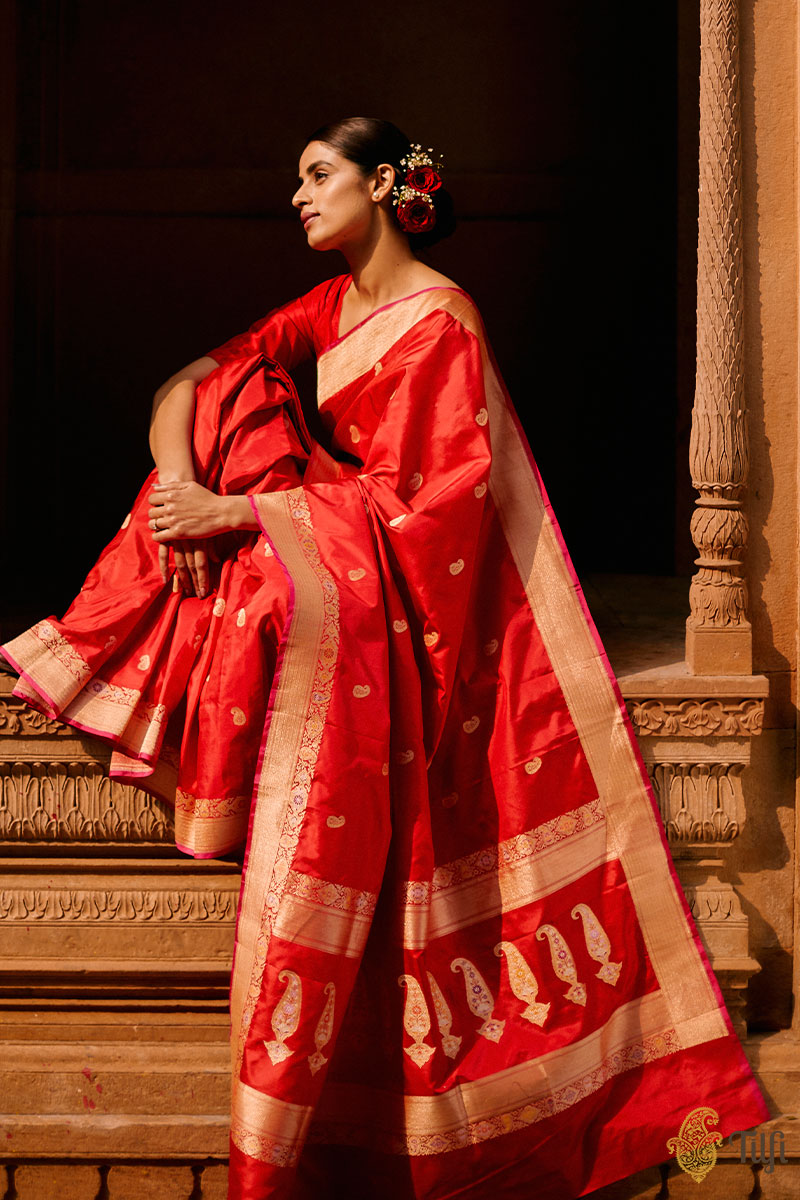 &#39;Rukmini&#39; Red Pure Katan Silk Banarasi Handloom Saree