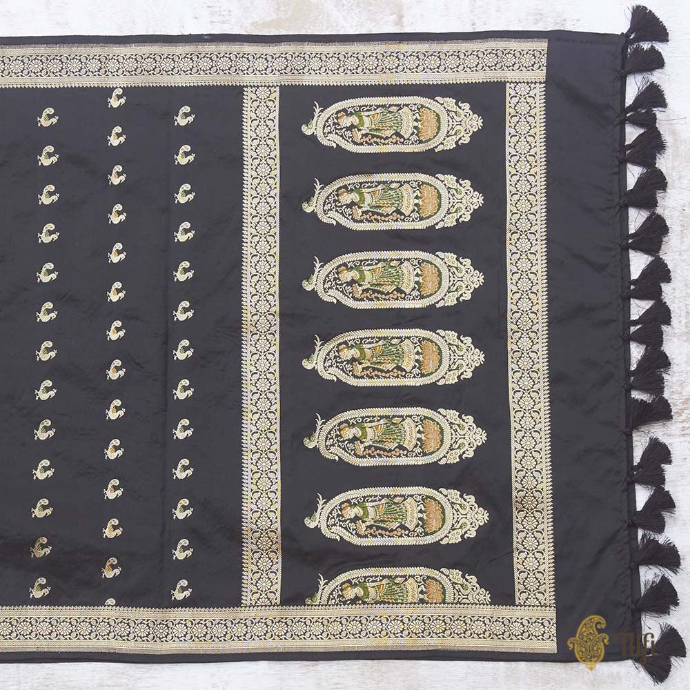 Black Pure Katan Silk Banarasi Handloom Petite Dupatta