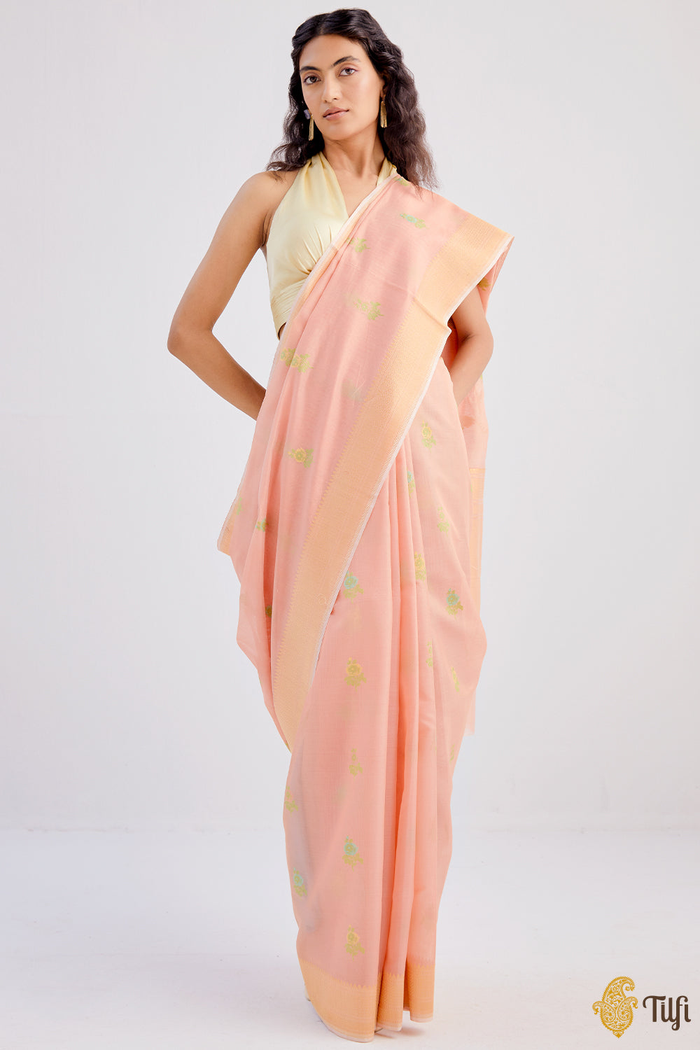 Peach Pure Kora Silk by Cotton Banarasi Handloom Saree