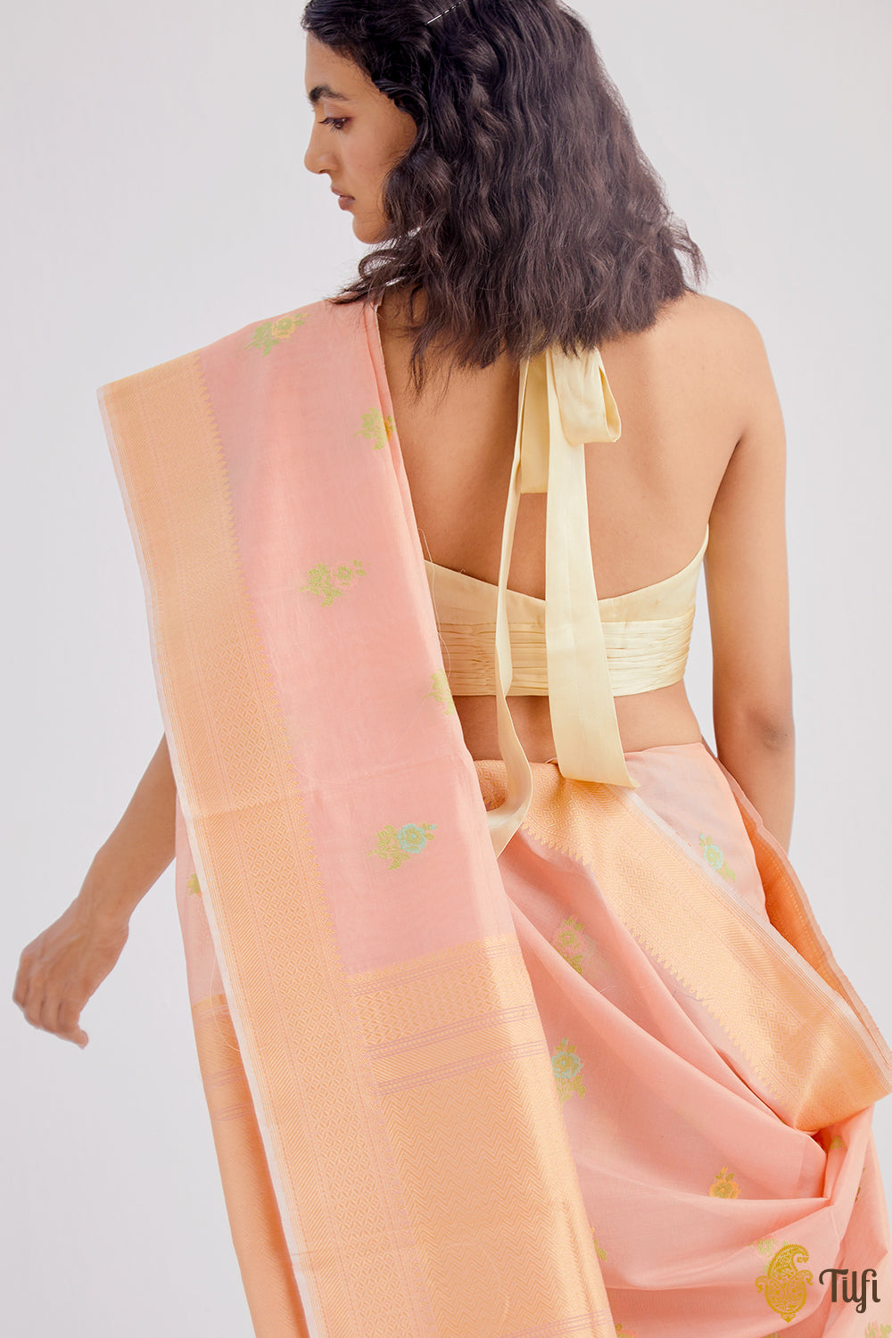 Peach Pure Kora Silk by Cotton Banarasi Handloom Saree