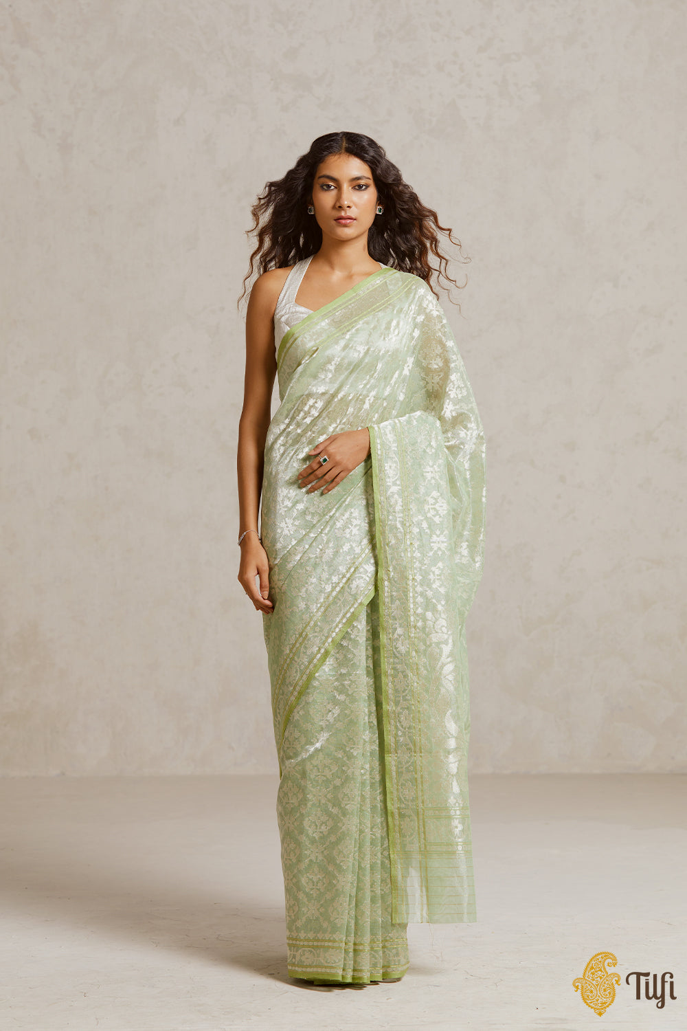 &#39;Kairavi&#39; Light Aquamarine Green Pure Cotton Tissue Real Zari Banarasi Handloom Saree