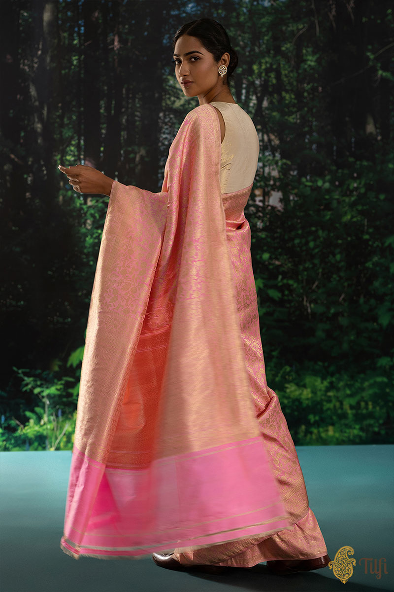 Ivory-Pink Pure Katan Silk Banarasi Shikaargah Handloom Saree