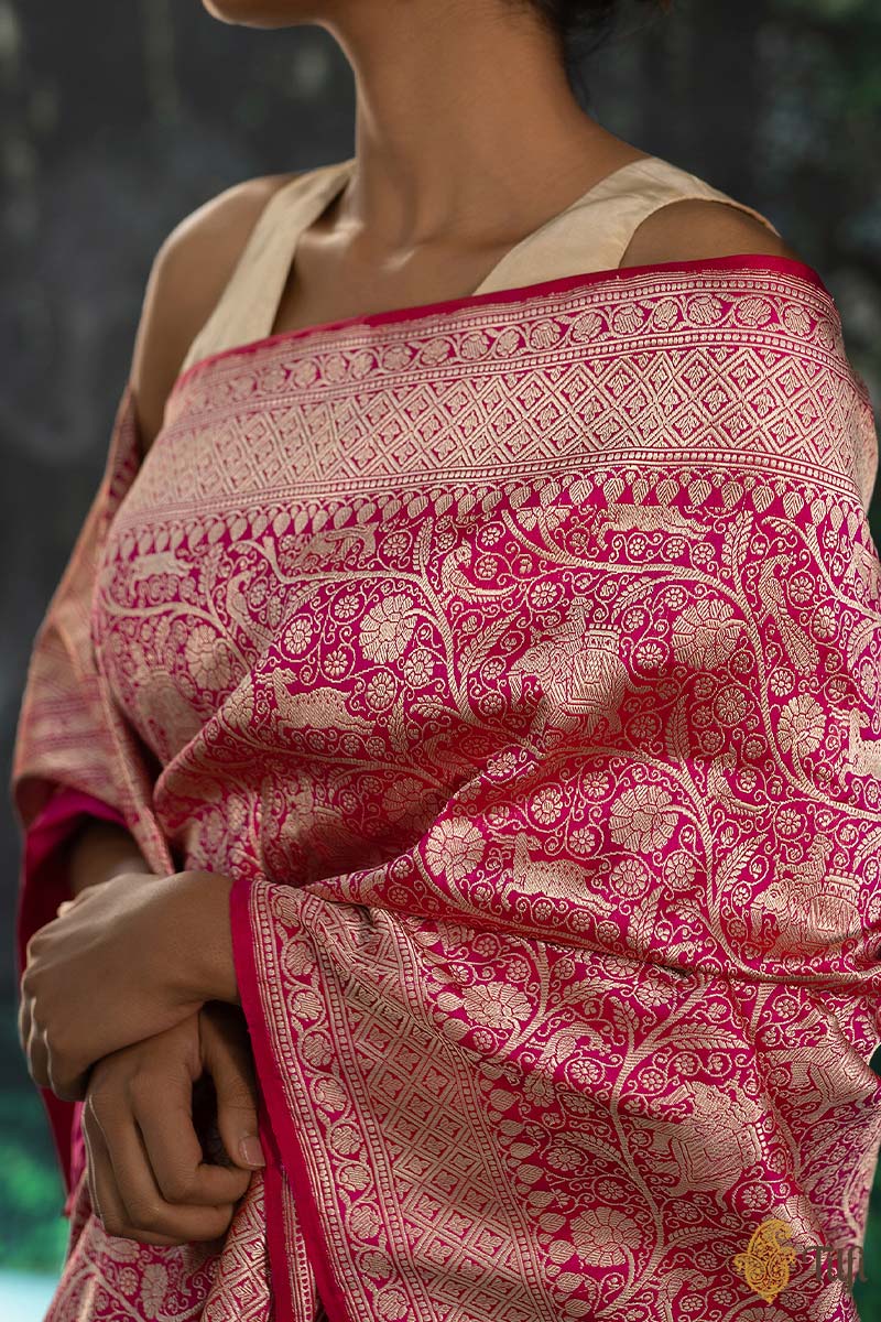 Red-Rani Pink Pure Katan Silk Banarasi Shikargah Handloom Saree