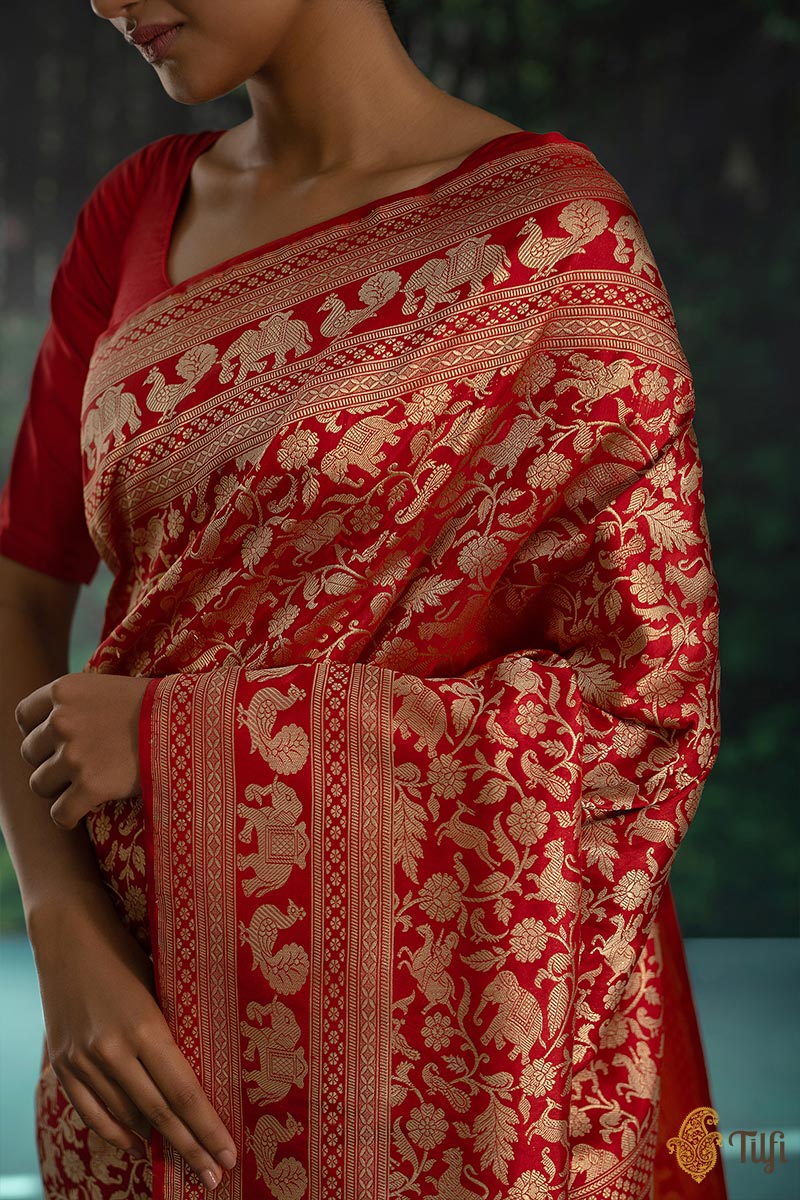 Pre-Order: Red Pure Katan Silk Banarasi Shikaargah Handloom Saree