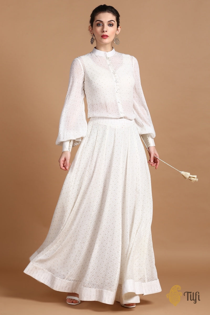 Off-White Pure Khaddi Georgette Handwoven Banarasi Shirt-Skirt Set