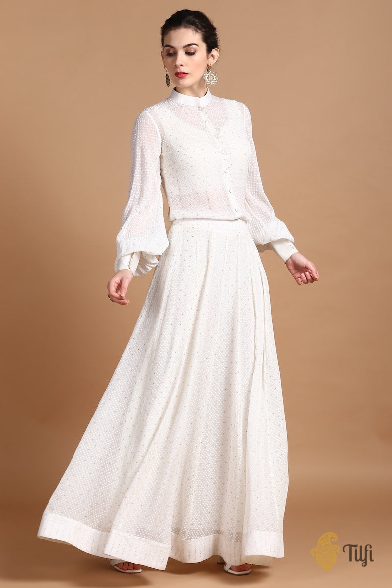 Off-White Pure Khaddi Georgette Handwoven Banarasi Shirt-Skirt Set