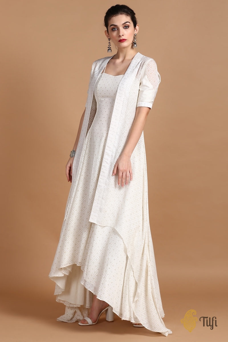 Off-White Pure Khaddi Georgette Handwoven Banarasi Flared Dress &amp; Overlay