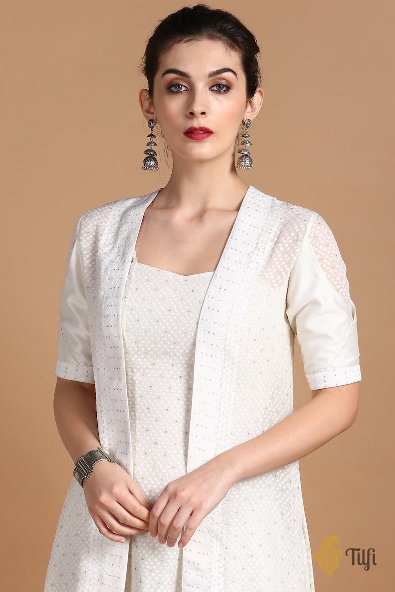 Off-White Pure Khaddi Georgette Handwoven Banarasi Flared Dress &amp; Overlay