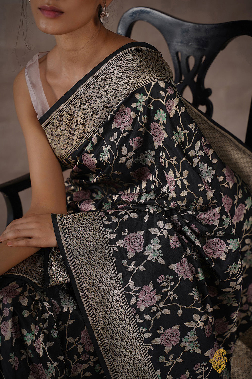 &#39;The China Rose&#39; Black Pure Katan Silk Banarasi Handloom Saree