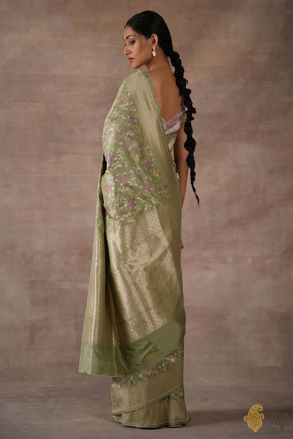 &#39;The China Rose&#39; Sage Green Pure Katan Silk Banarasi Handloom Saree