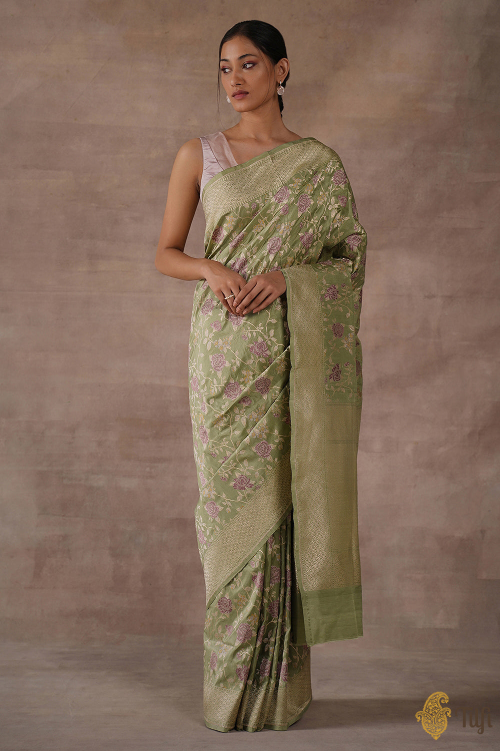 &#39;The China Rose&#39; Sage Green Pure Katan Silk Banarasi Handloom Saree