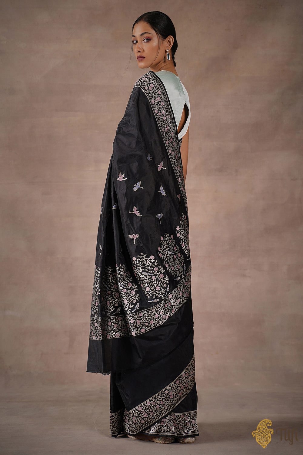 &#39;Sweet Osmanthus&#39; Black Pure Katan Silk Banarasi Handloom Saree