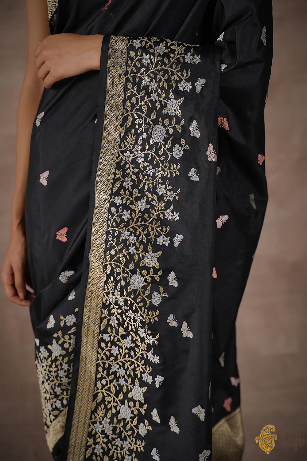 &#39;Spring Butterflies&#39; Black Pure Katan Silk Banarasi Handloom Saree