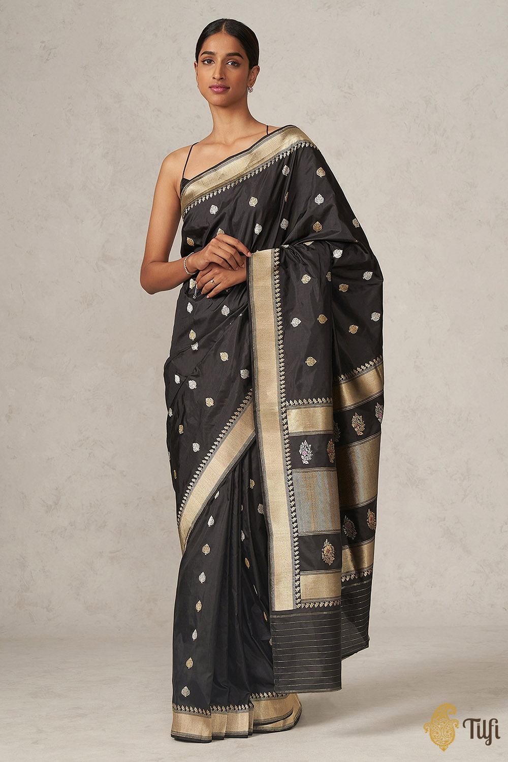 &#39;Katyayani&#39; Black Pure Katan Silk Banarasi Handloom Saree